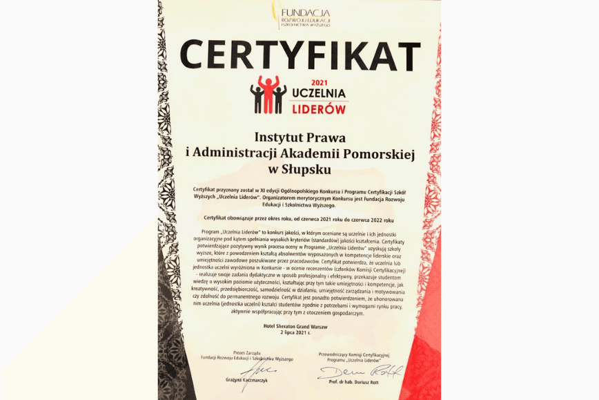 Certyfikat „2021 Uczelnia Liderów” dla IPiA